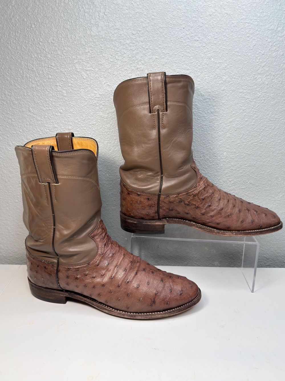 Justin Full Quill Ostrich Roper Boots Mens 9.5 D Grayish Brown Western USA 3640